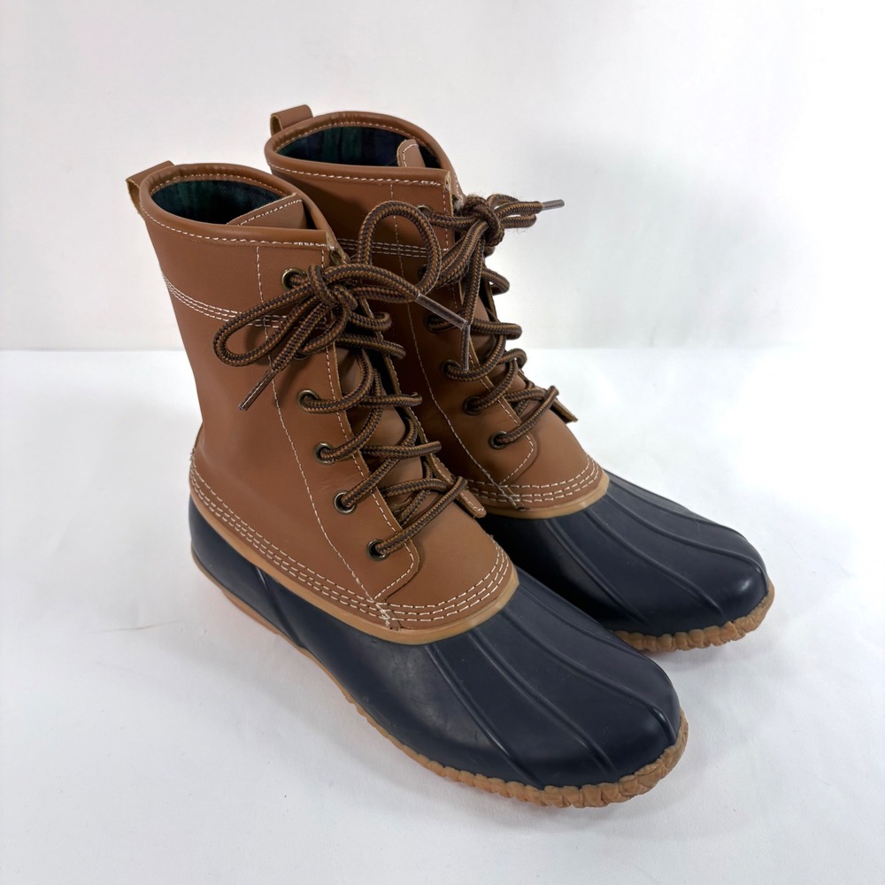 Lands' End Duck Boots Brown Navy Blue Plaid Flannel Lined Waterproof 519244 7.5B